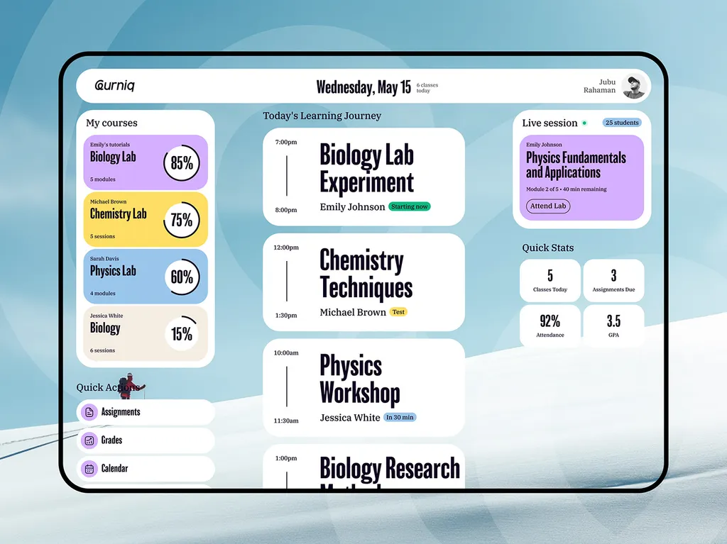 Leurniq dashboard on a tablet: courses with progress rings, “Today’s Learning Journey” and quick stats