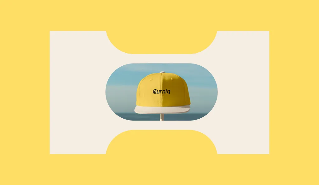 Leurniq cap in yellow with a white brim, framed in a rounded cutout on a yellow and cream board