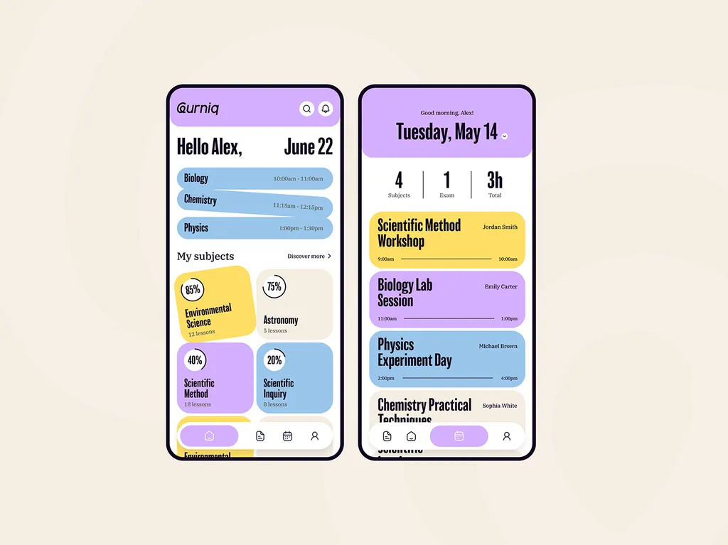 Two Leurniq app screens on cream: subject progress cards and a day schedule with colored class cards