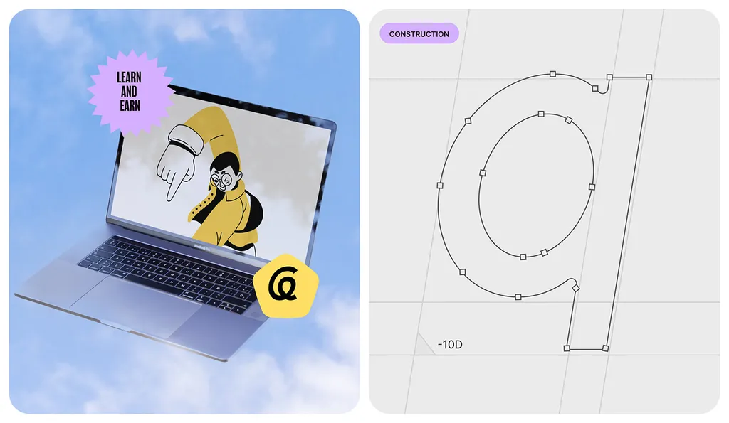 Leurniq laptop in a blue sky with a “Learn and Earn” badge, next to the q construction on a slanted grid