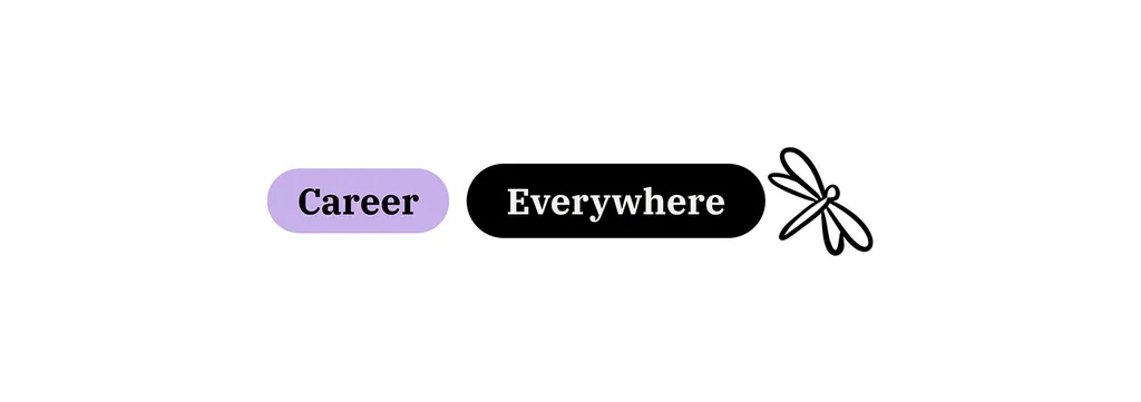 Leurniq pills reading “Career” in lilac and “Everywhere” in black, with a line-drawn dragonfly