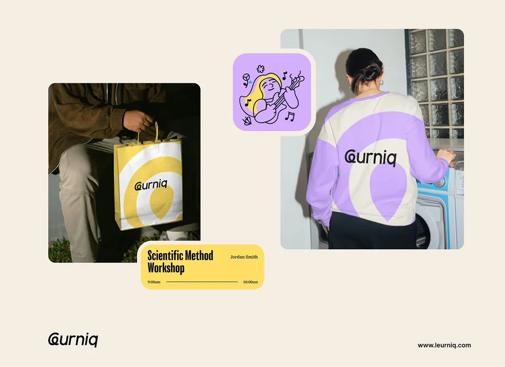 Leurniq paper bag and lilac sweatshirt, with a guitar-playing character sticker and a class card on cream