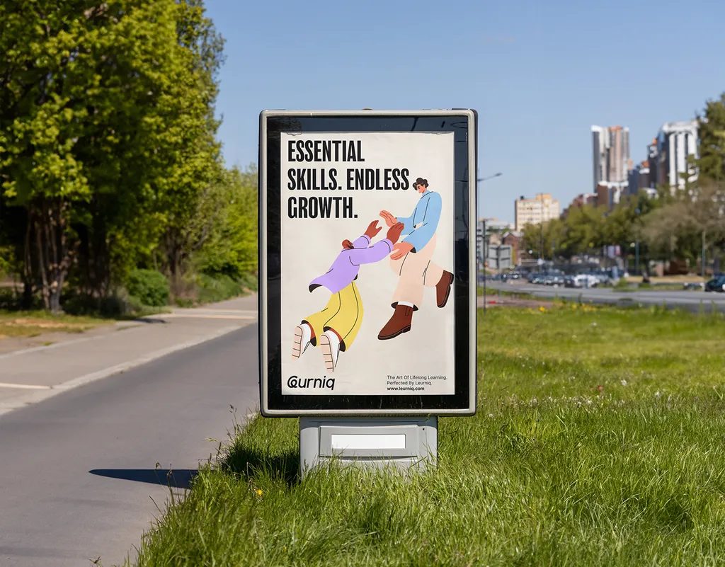 Leurniq roadside poster: “Essential skills. Endless growth.” with two illustrated people reaching for each other