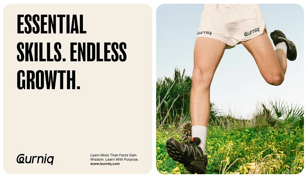 Leurniq poster “Essential skills. Endless growth.” on cream, next to a runner in Leurniq shorts
