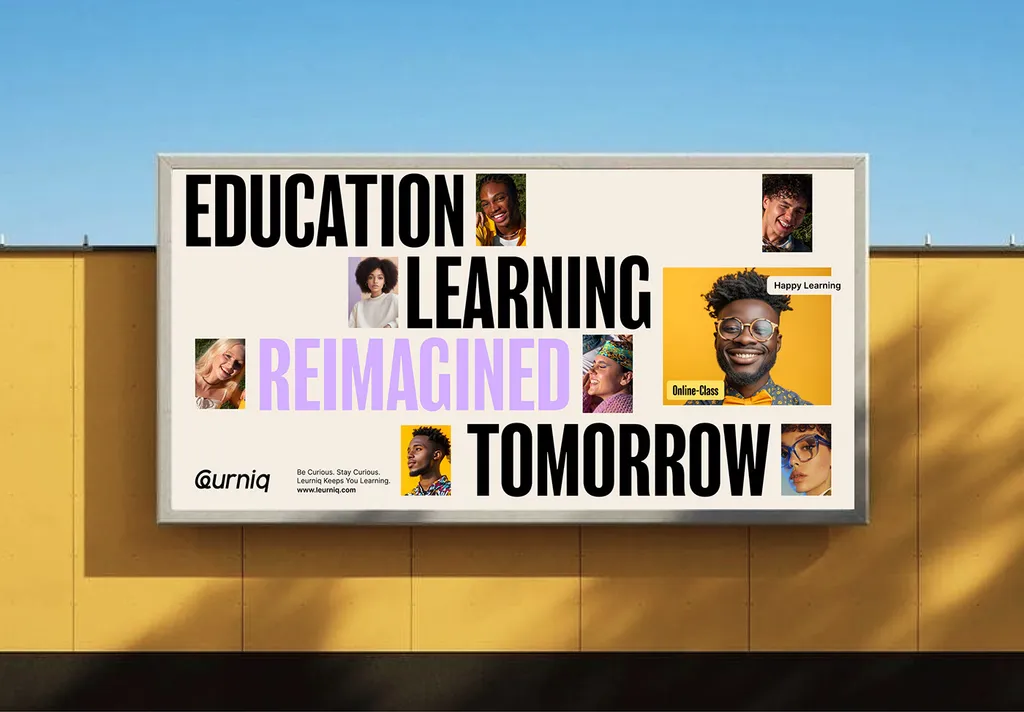 Leurniq billboard on a yellow wall: “Education Learning Reimagined Tomorrow” with portraits of smiling people