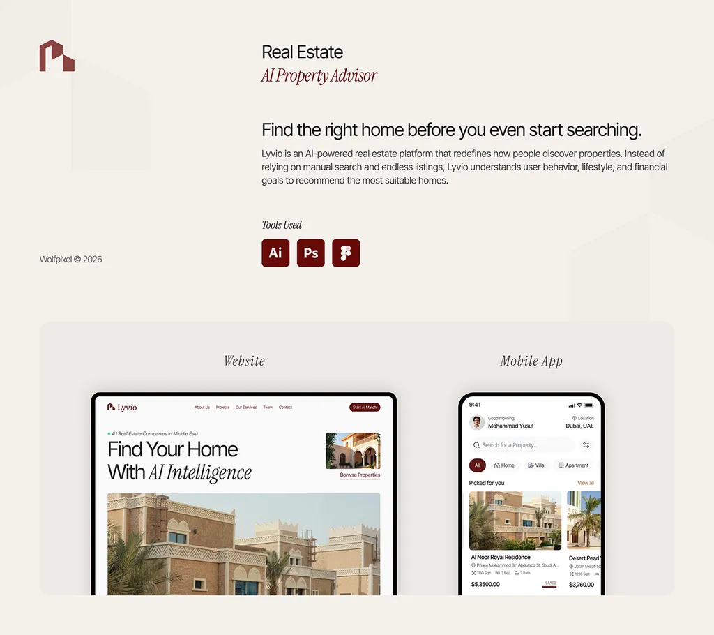 Lyvio overview: “Find the right home before you even start searching”, with website and app previews