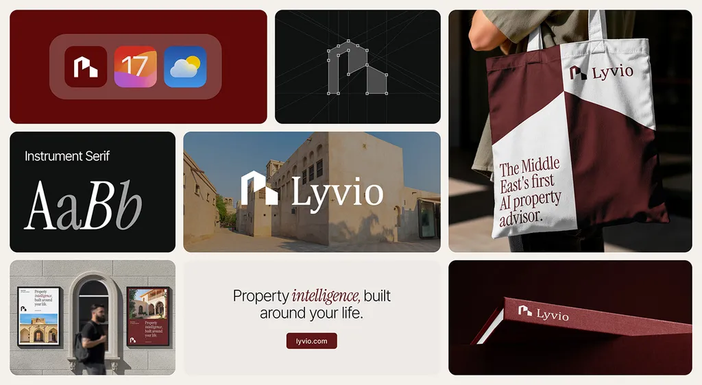 Lyvio identity at a glance: app icon, mark, Instrument Serif, a tote bag and the line “Property intelligence, built around your life”
