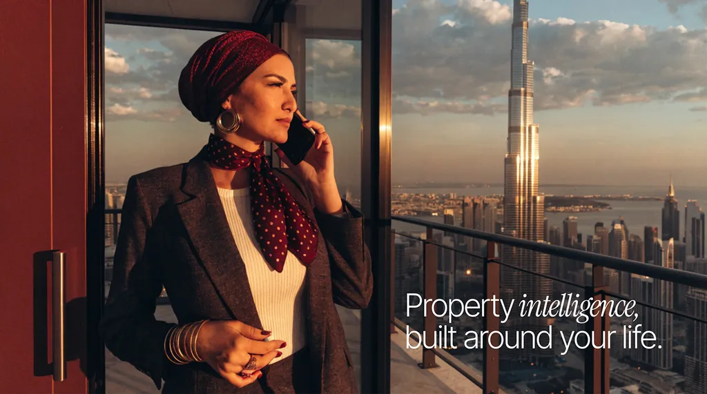 Woman on a phone call at a window over the Dubai skyline: “Property intelligence, built around your life”