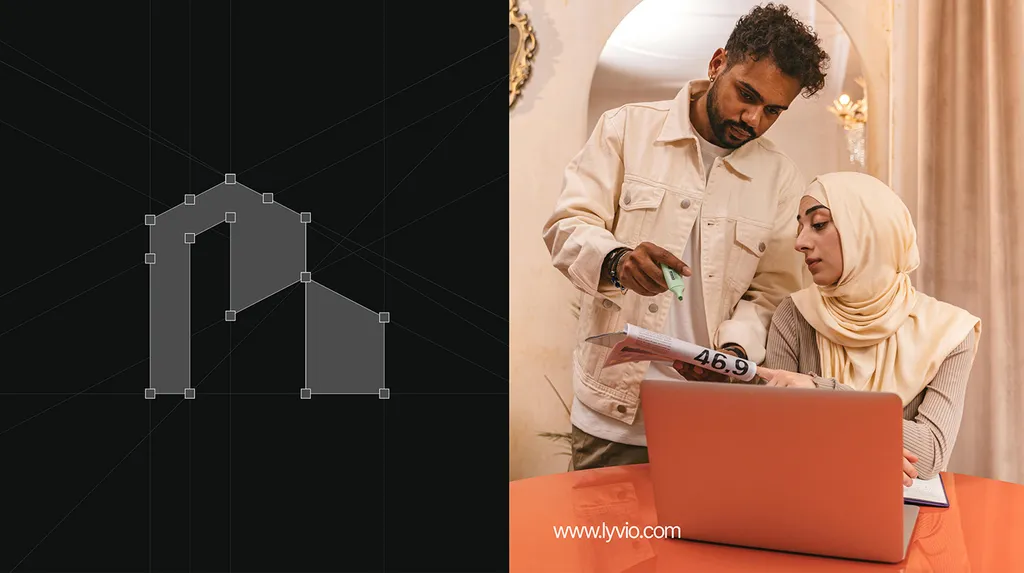 Lyvio mark drawn on a construction grid next to a couple browsing homes on a laptop