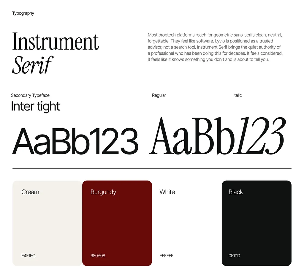 Lyvio typography and color page: Instrument Serif, Inter Tight, cream, burgundy, white and black