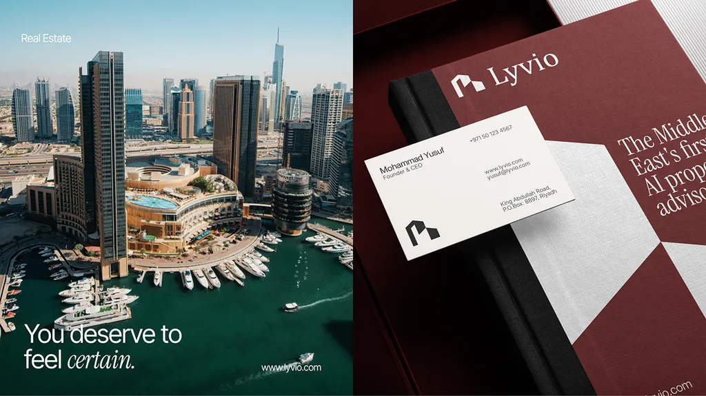 Dubai Marina from above, “You deserve to feel certain”, next to Lyvio business cards and a notebook
