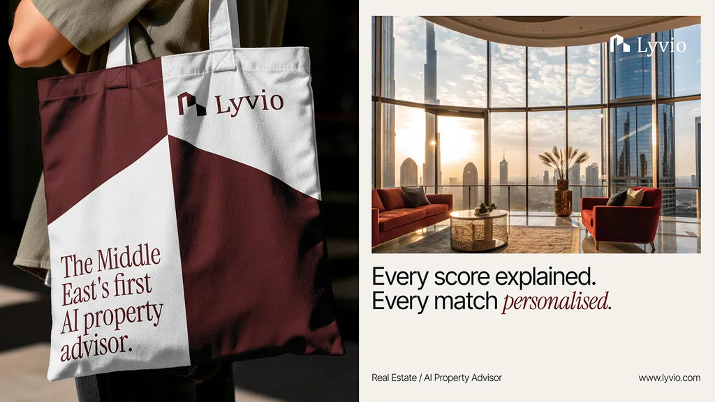 Lyvio tote bag, “The Middle East’s first AI property advisor”, and an interior ad: “Every score explained”