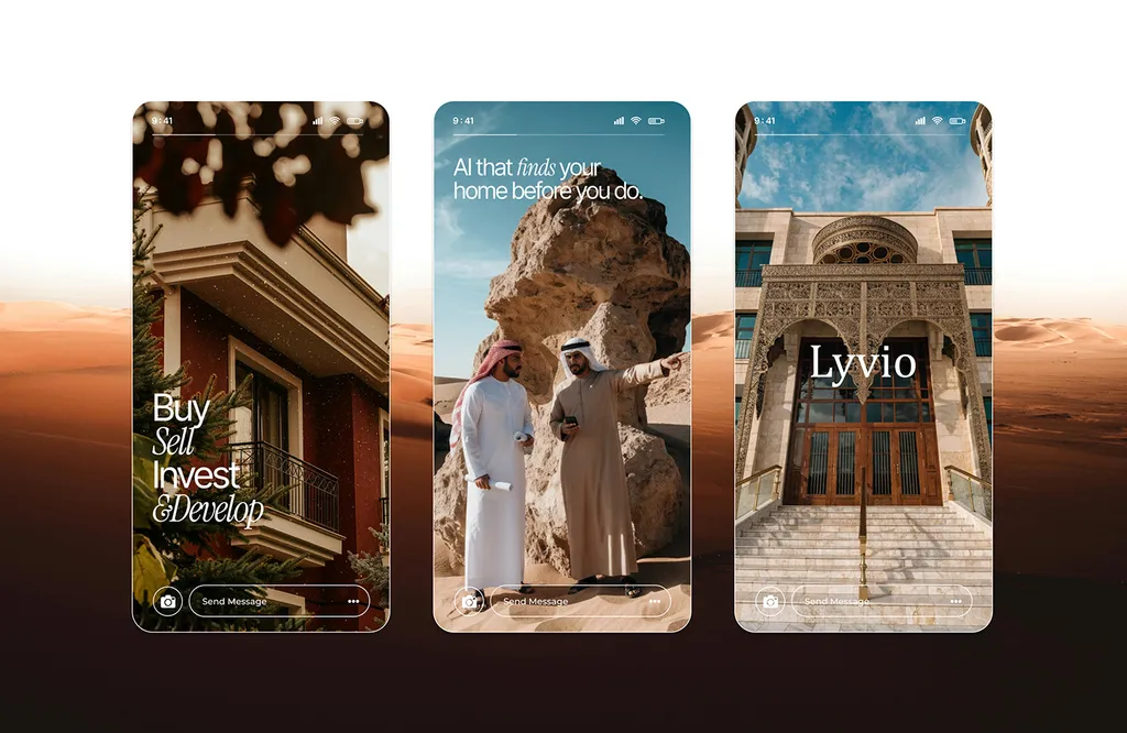 Three Lyvio social stories with desert homes and the line “Buy, Sell, Invest”