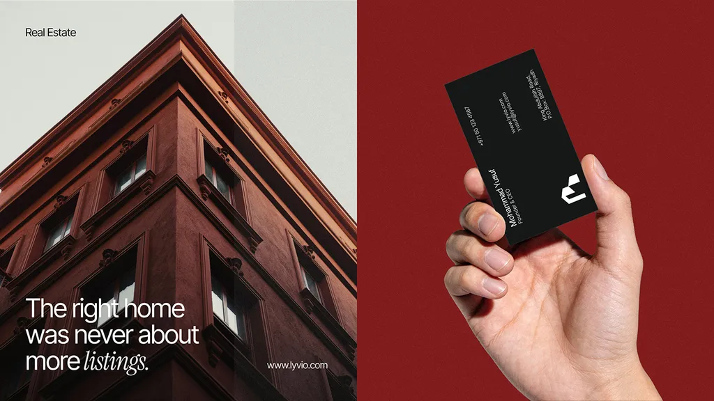 Red brick building, “The right home was never about more listings”, and a hand holding a black Lyvio card