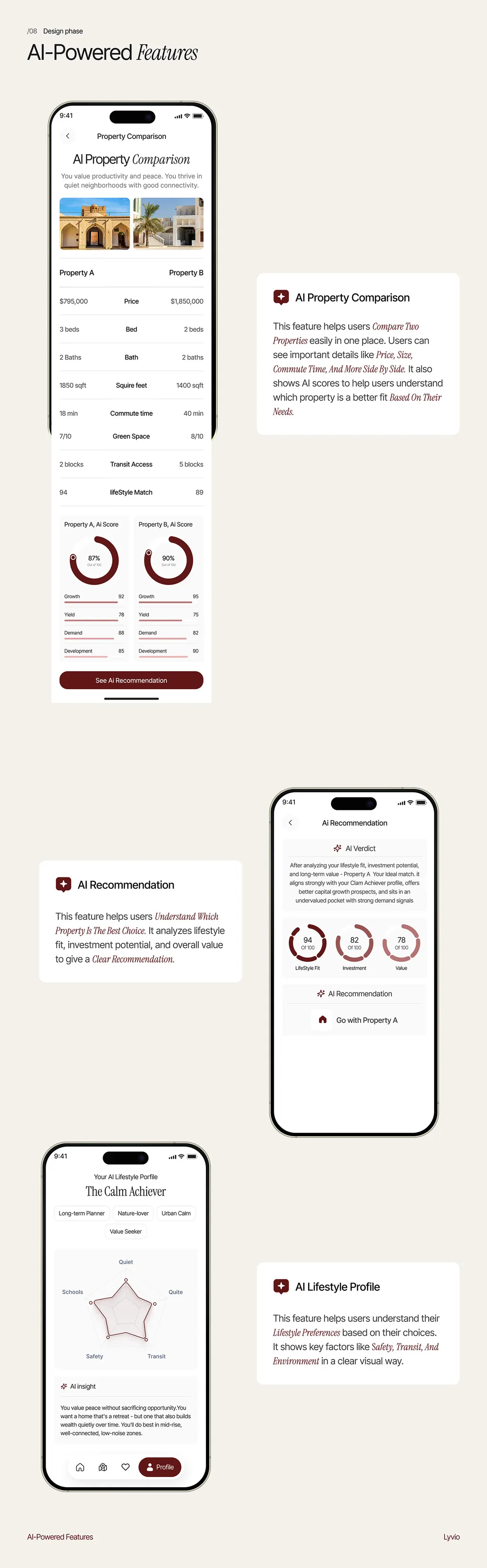 Lyvio app screens from onboarding to property details