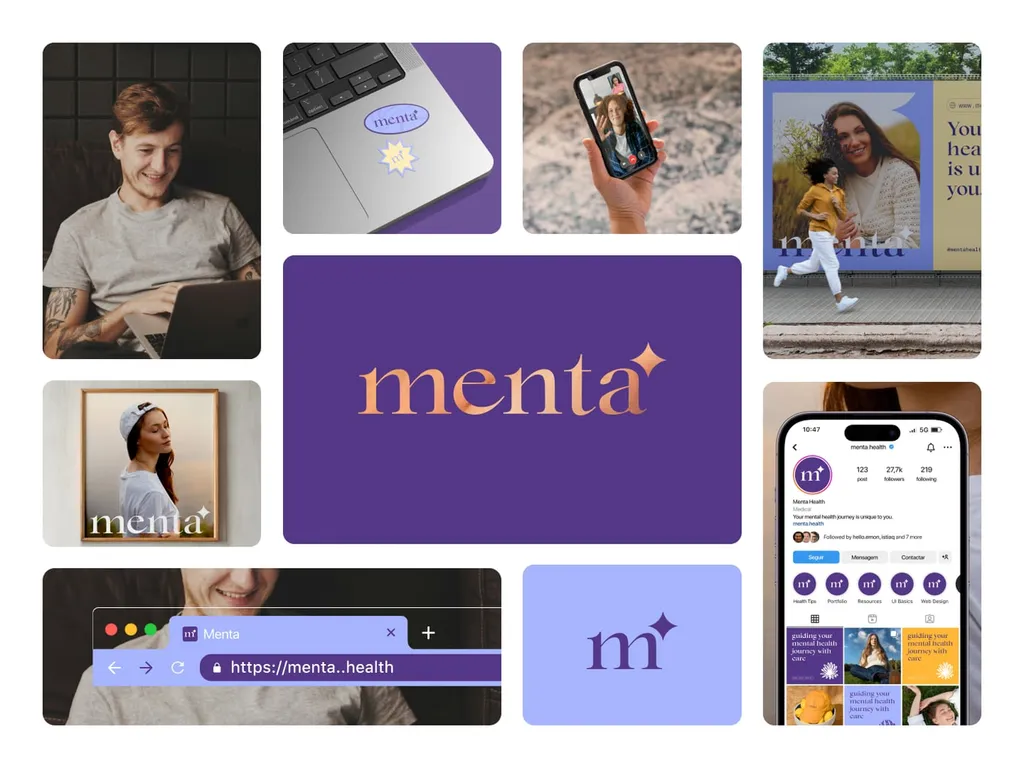Menta identity overview: the wordmark on purple, the m app icon, a browser tab, a phone app and photography