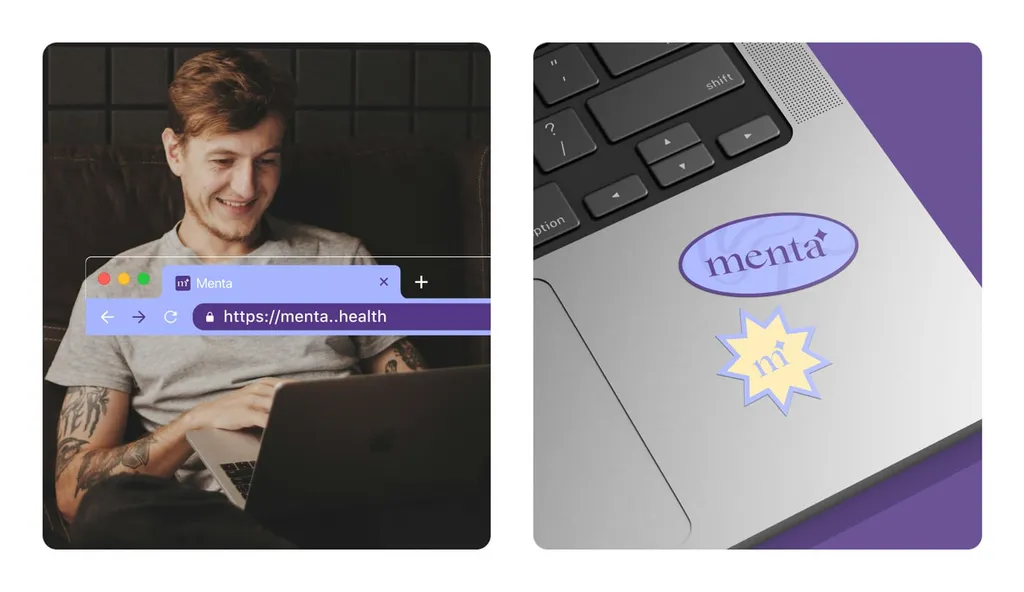 Man smiling at a laptop with the Menta browser tab open, next to a Menta sticker on a laptop