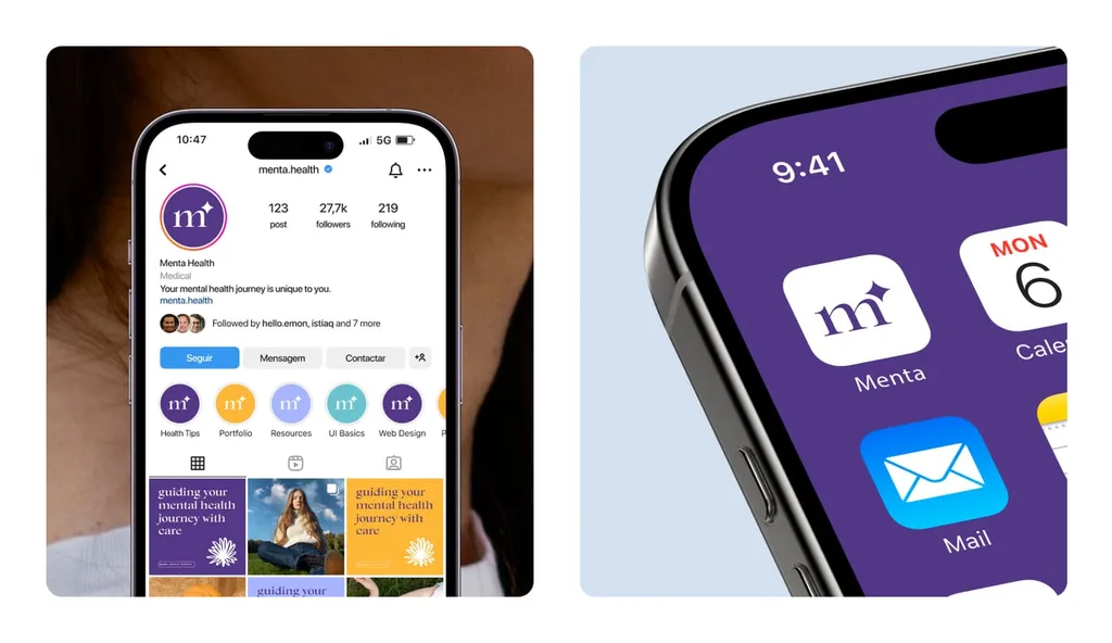 Menta profile in a social app and the Menta app icon on a phone home screen