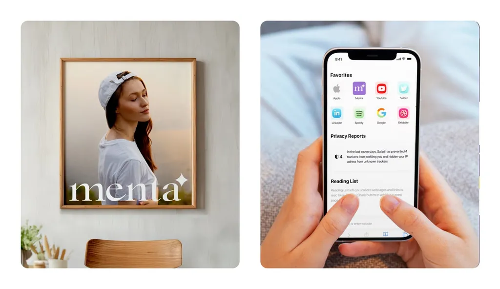 Framed portrait with the Menta wordmark, and hands holding a phone with the Menta icon