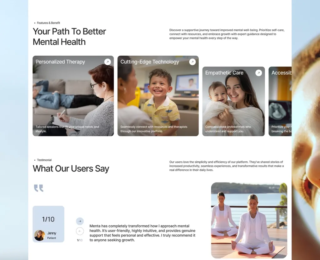 Menta website: “Your path to better mental health” features and user testimonials