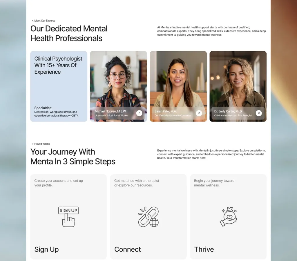 Menta website: the professionals and “Your journey with Menta in 3 simple steps”