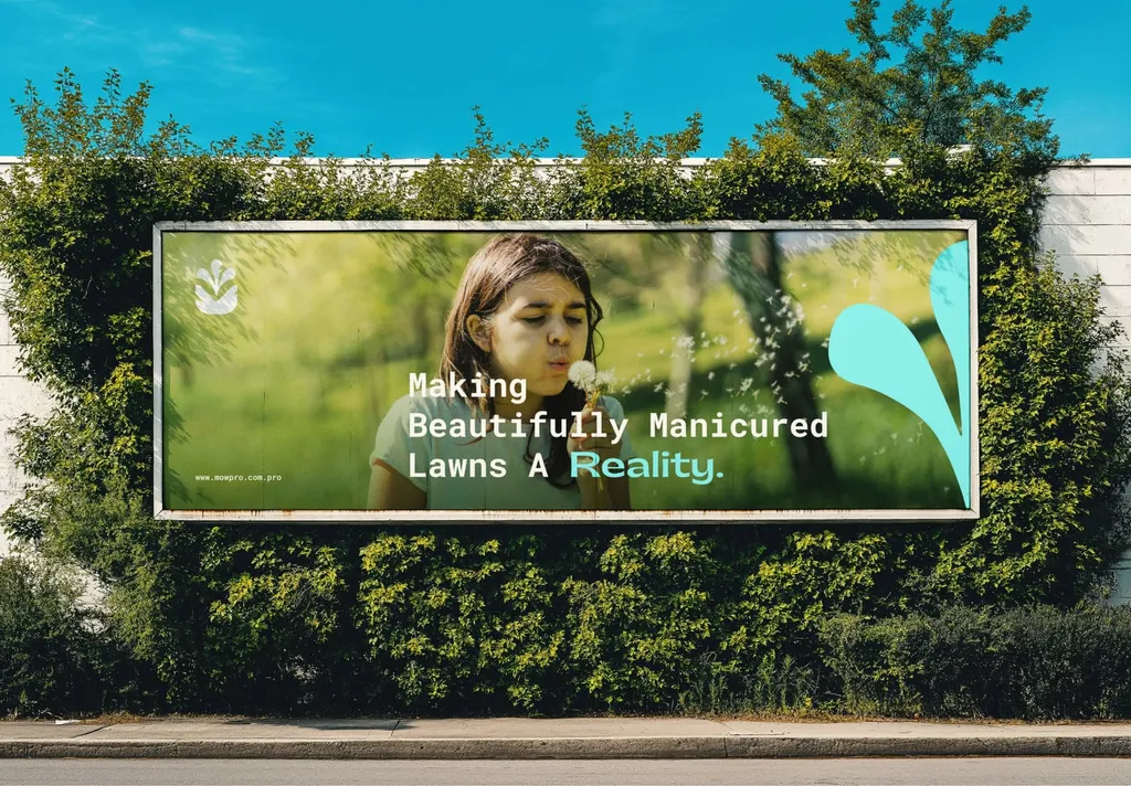 MowPro billboard set in a hedge: “Making beautifully manicured lawns a reality.”