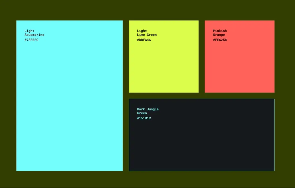 MowPro colors: light aquamarine 73FEFC, light lime green DBFC4A, pinkish orange FE6258 and dark jungle green 151B1C