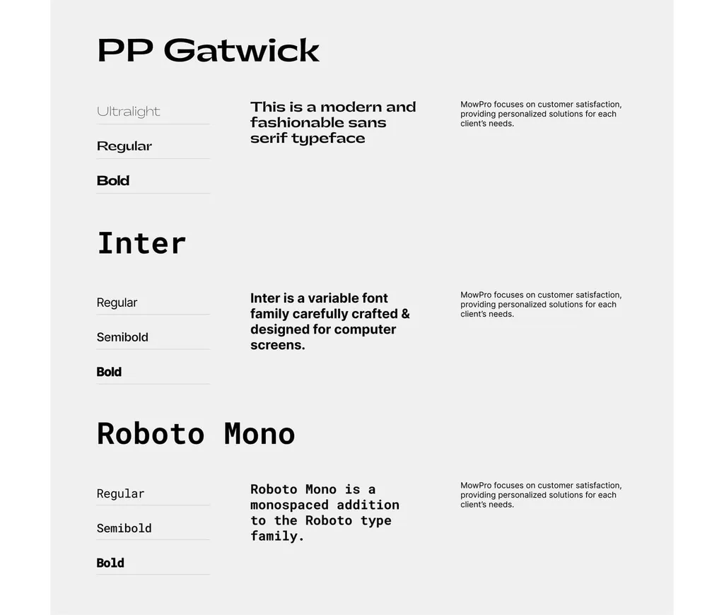 MowPro typography: PP Gatwick, Inter and Roboto Mono