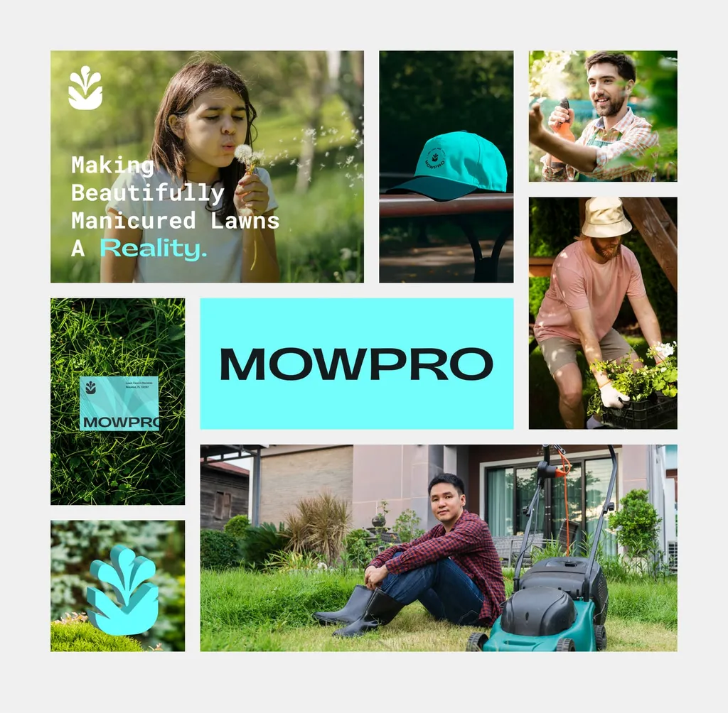 MowPro identity collage: a billboard line, a cap, the wordmark and gardeners at work