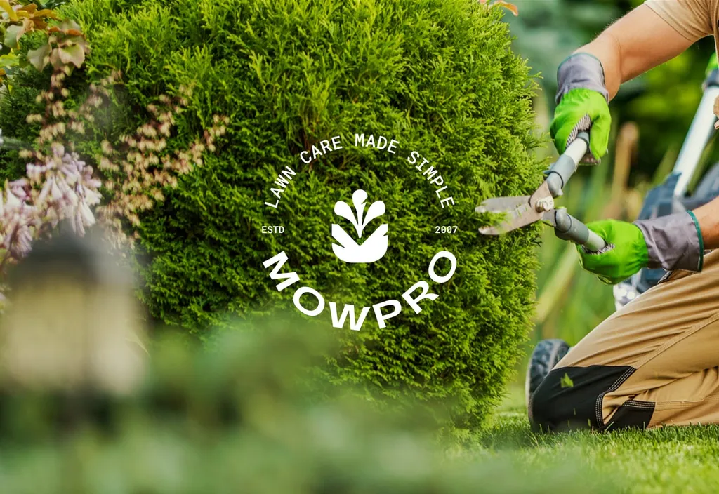 MowPro badge over a hedge being trimmed by a gardener in green gloves