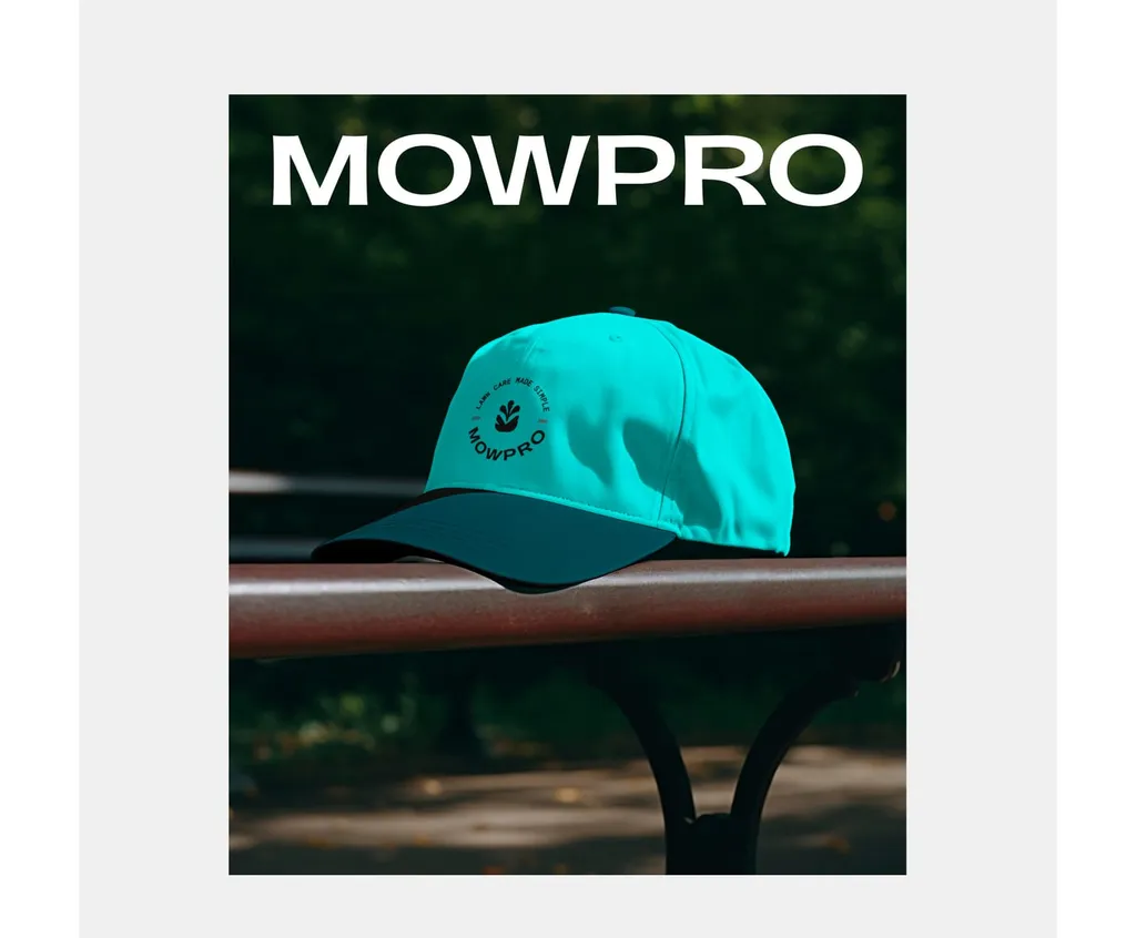 Aquamarine MowPro cap on a bench under the wordmark