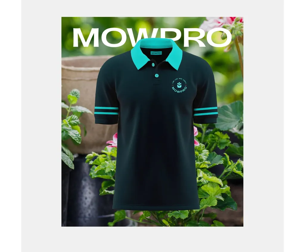 Dark MowPro polo shirt with an aquamarine collar and the badge