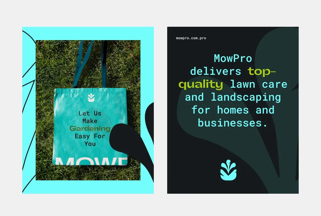 MowPro tote bag on grass, “Let us make gardening easy for you”, next to a poster about lawn care for homes and businesses