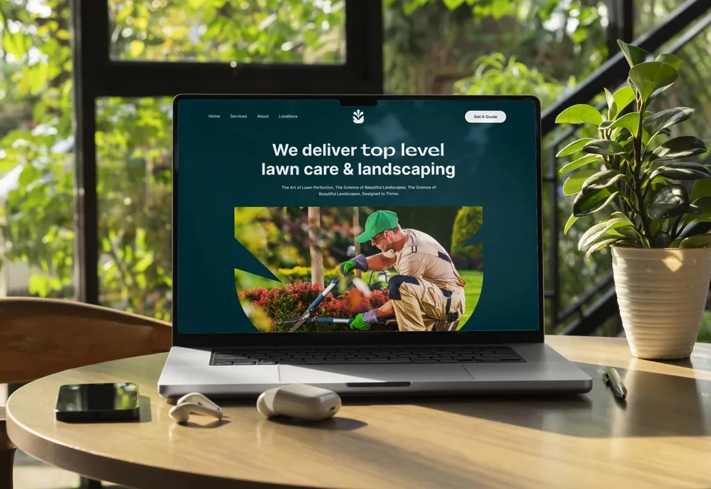 Laptop on a garden table showing the MowPro website