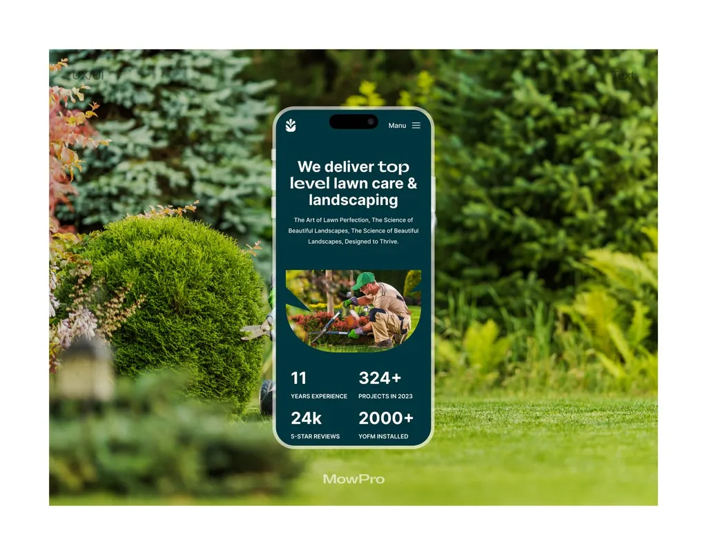 Phone on a lawn showing the MowPro website