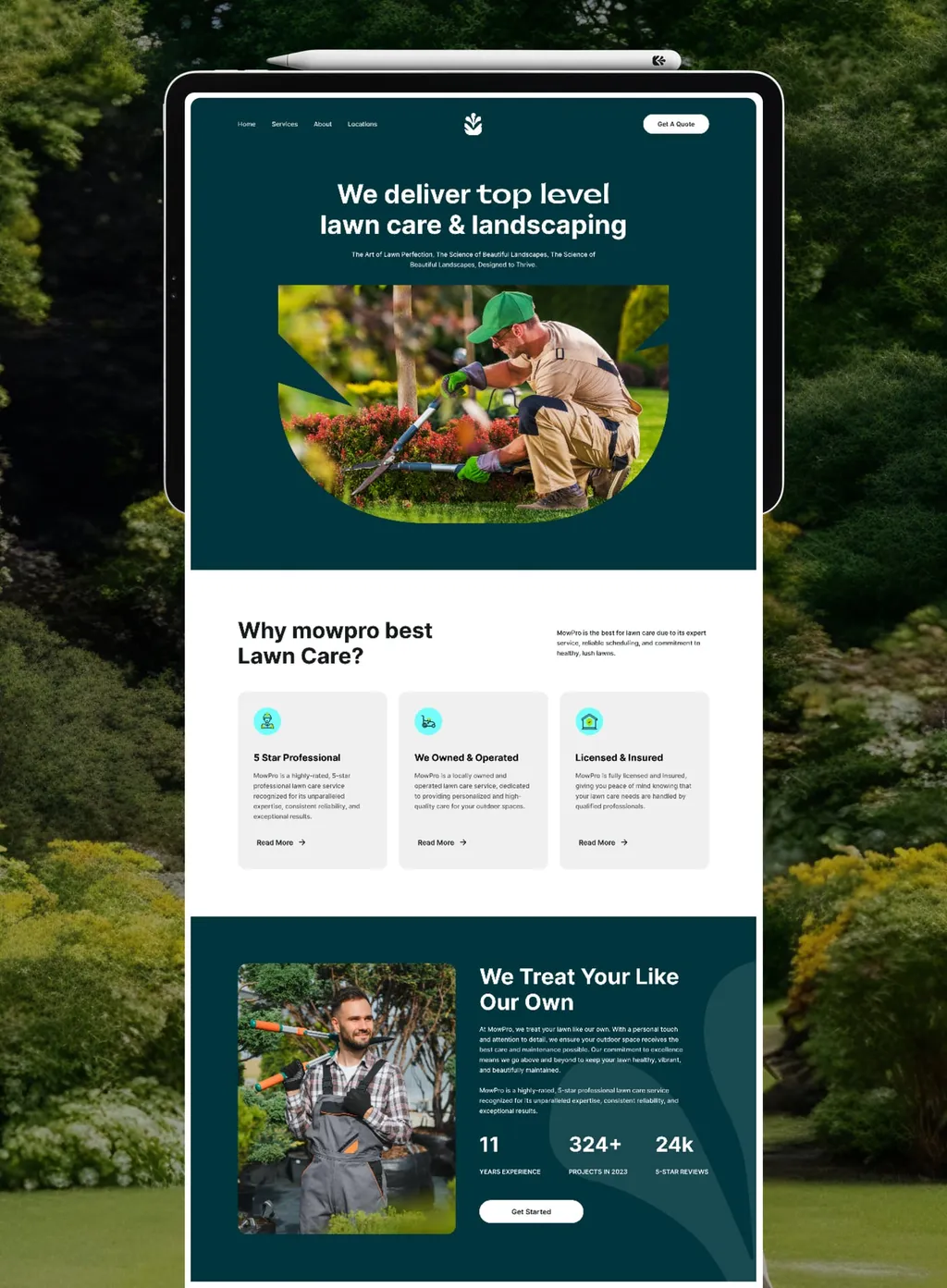 MowPro website: the hero, why MowPro and “We treat your lawn like our own”