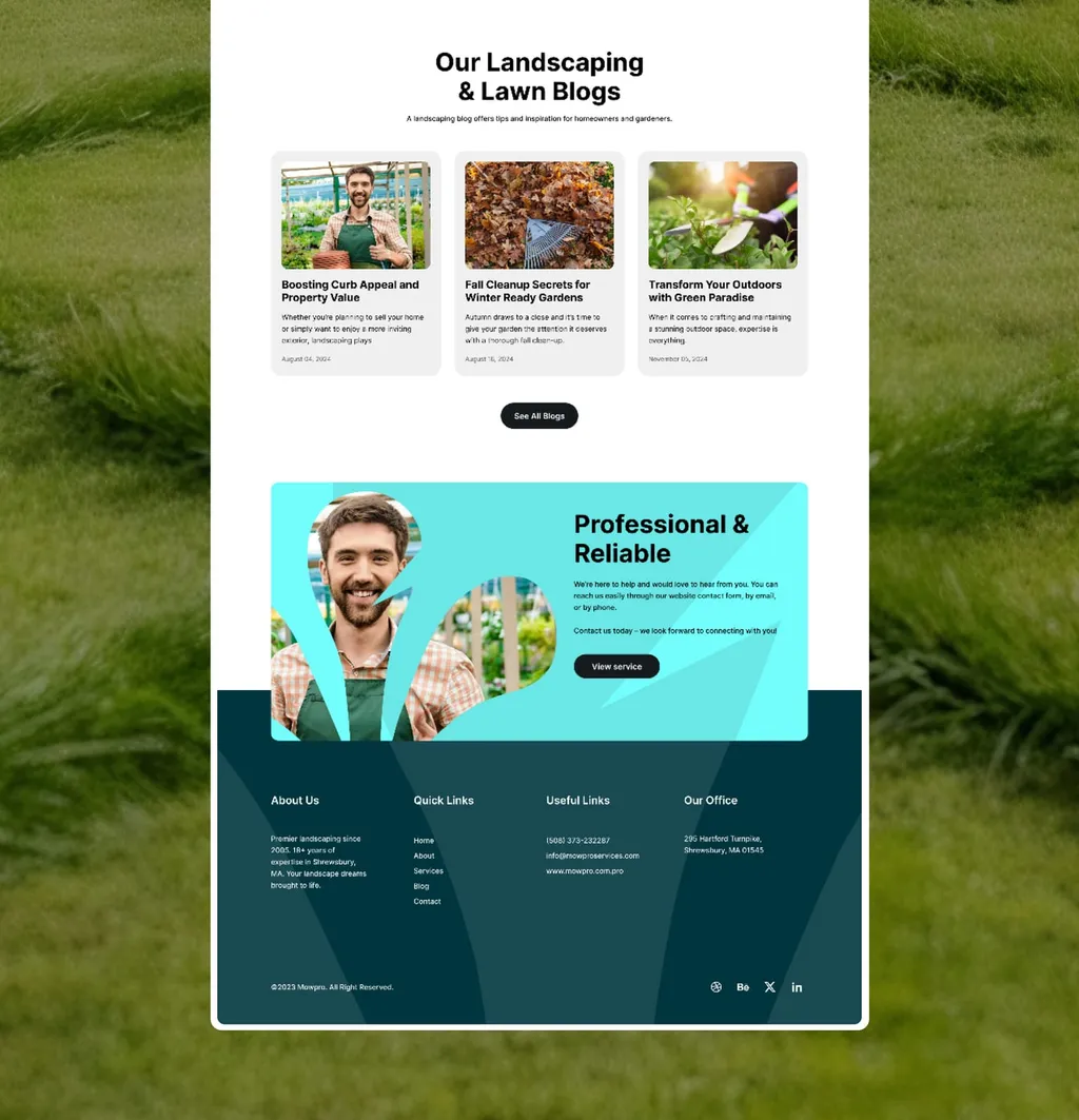 MowPro website: the blog, “Professional & reliable” and the footer