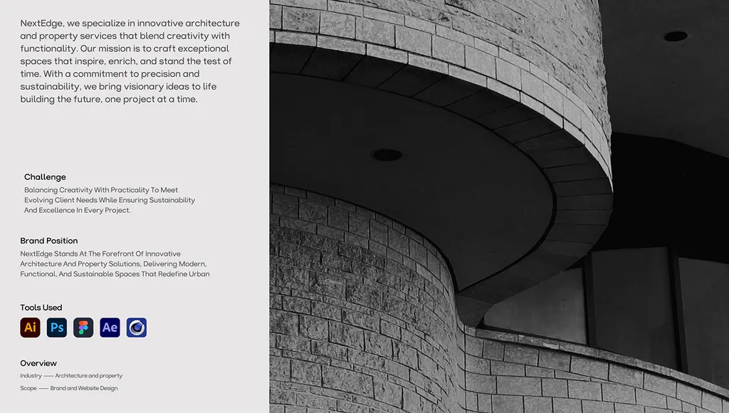NestEdge overview: studio intro, challenge, brand position and tools, next to a curved brick building