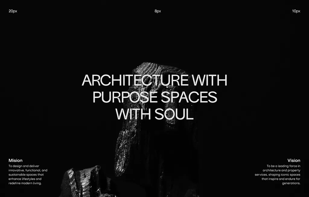 NestEdge mission and vision board in black: “Architecture with purpose spaces with soul” over dark rock