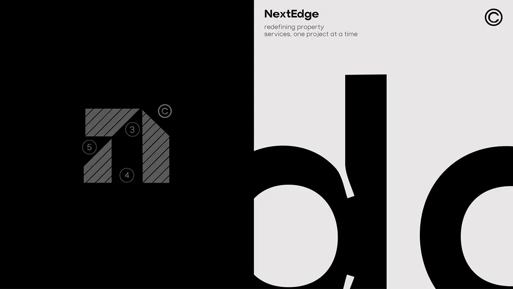 NestEdge mark construction in hatched gray shapes on black, next to large cropped letterforms and the tagline