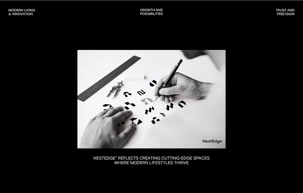 NestEdge mark sketches: a hand drawing geometric shapes on dotted paper beside a ruler and compass