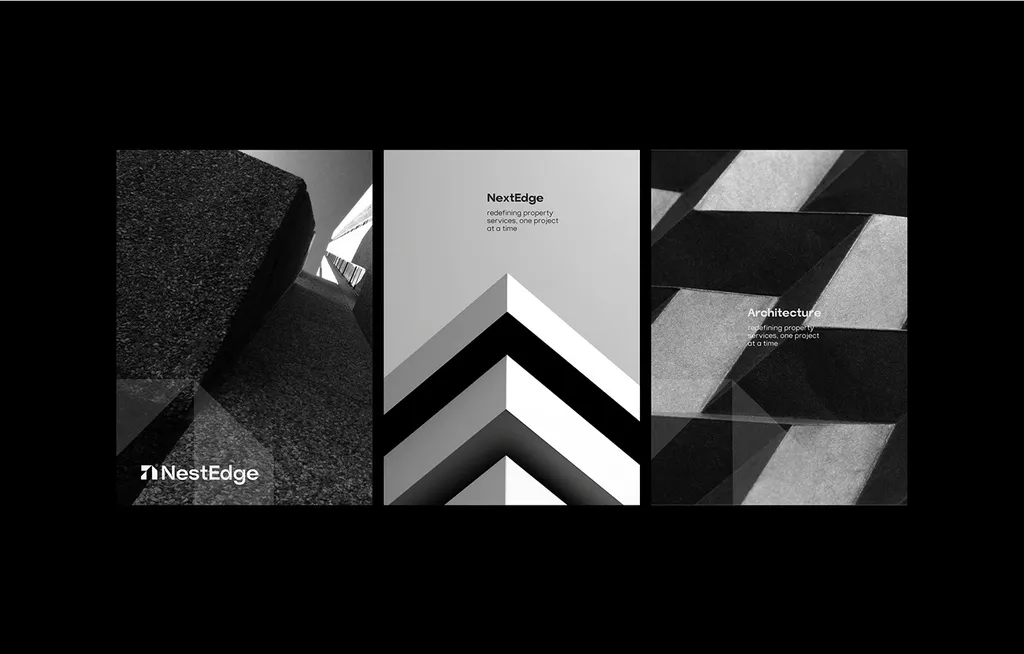 Three NestEdge vertical layouts on black: the logo over concrete, a chevron facade and “Architecture”