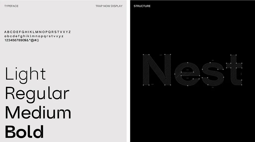 NestEdge typeface board: Trap Now Display alphabet and weights, next to “Nest” drawn on a structure grid