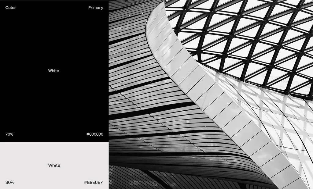 NestEdge color board: black #000000 at 70% and white #E8E6E7 at 30%, beside a curved glass roof