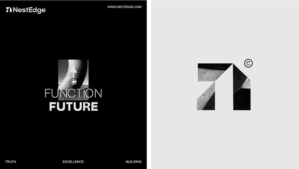 NestEdge “Function Future” poster on black, next to the mark filled with concrete texture on gray