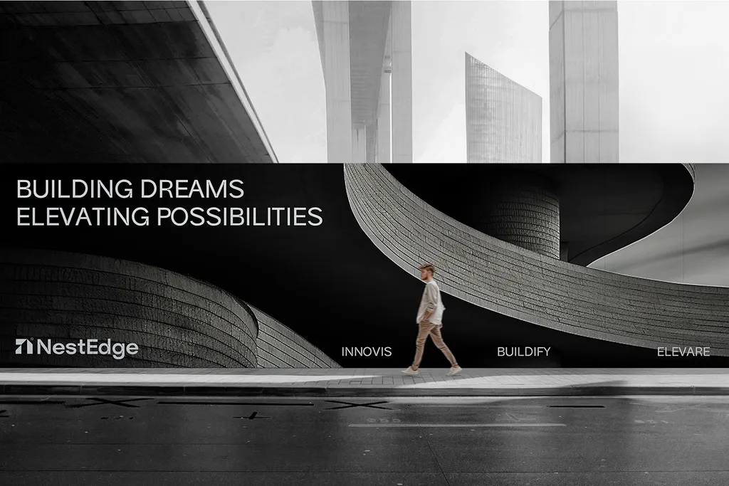 NestEdge hoarding on a street: “Building dreams elevating possibilities” with a man walking past