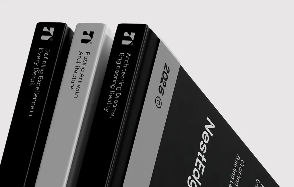 NestEdge book spines in black and gray with the mark, lines like “Fusing Art with Architecture” and 2025