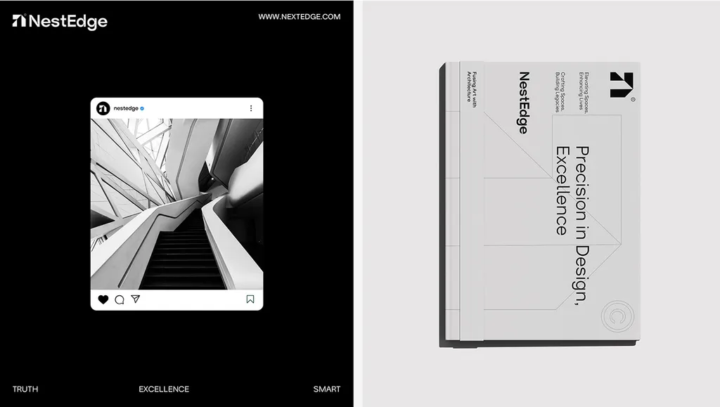 NestEdge Instagram post of a white staircase on black, next to a gray book cover: “Precision in Design, Excellence”