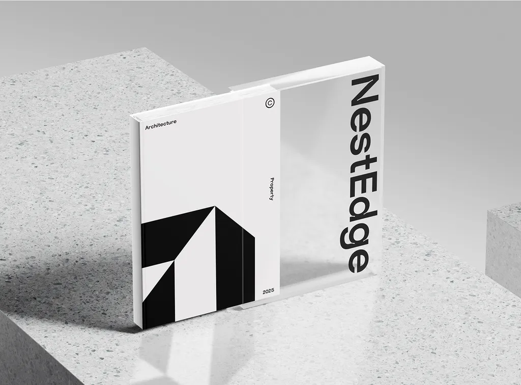 NestEdge book in a clear sleeve on a terrazzo block, showing the mark, “Architecture”, “Property” and 2025