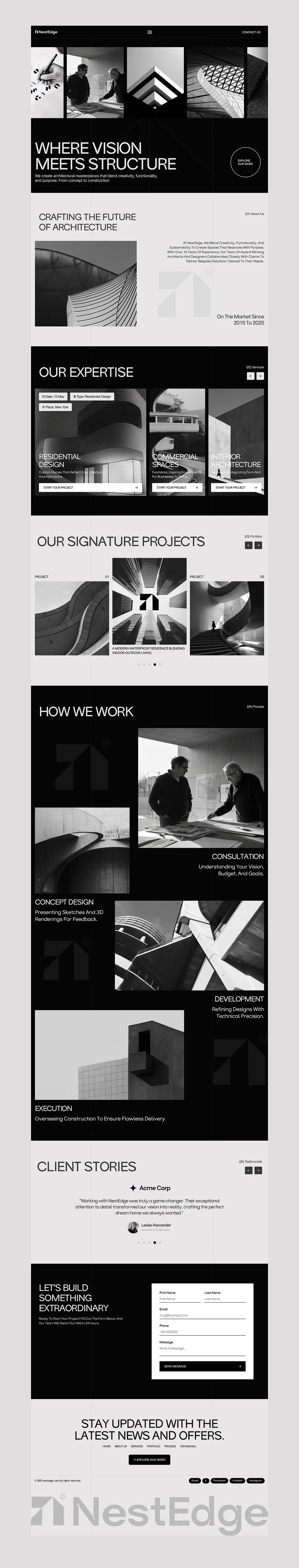 NestEdge full website: “Where vision meets structure” hero, expertise, signature projects, process and contact form